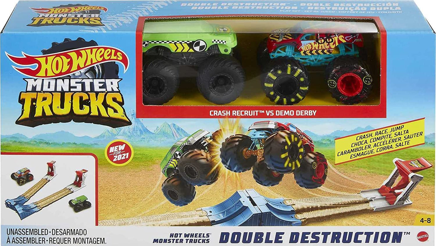 Hot Wheels Monster Trucks Double Destruction 3-In-1 Play Set with 1 1:64 Scale Die-Cast Metal Body Monster Truck, 1 Plastic Crash Dummy 2 Slam Launchers with Short Straight Tracks & Ramps