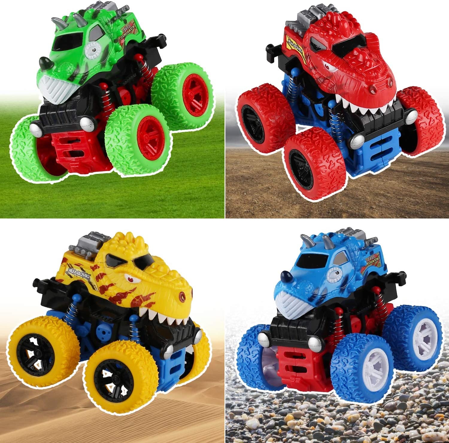 Dinosaur Toys Cars for Boys - 4 Pack Friction Powered Push and Go Monster Trucks Pull Back Vehicles for Kids Ages 3 4 5 6 7 Year Old - Christmas Birthday Gift Dino Toys for Toddlers