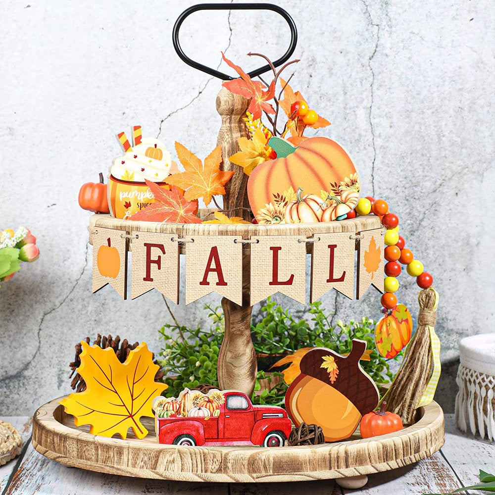 Fall Tiered Tray Decor, Pumpkin Maple Leaves Wooden Tabletop Signs Happy Fall Wood Block Autumn Truck Acorn Decorative Ornaments for Fall Thanksgiving Farmhouse Party Supplies, 11 PCS