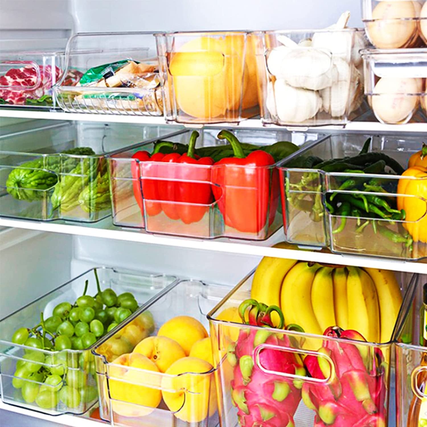 Plastic Food Storage Bins with Handles, Suit for Kitchen Countertops ,Refrigerator ,Cabinet and Freezer ,Organizer for Fruit, Yogurt, Snacks, Pasta - BPA Free,Clear Plastic Pantry Storage Racks