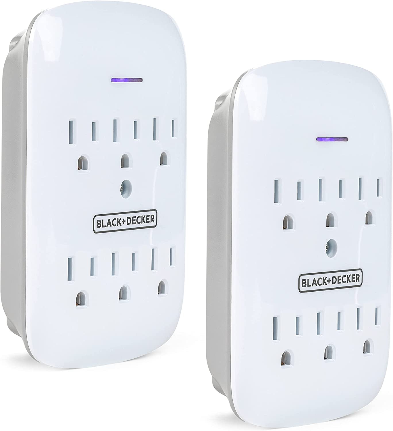 BLACK+DECKER Surge Protector Wall Mount with 6 Grounded Outlets, 2 Pack, White - Compact Power Adapter Tap with Indicator Light, Automatic Shutdown - 3-Prong Power Outlet Plug for Bathroom, Bedroom