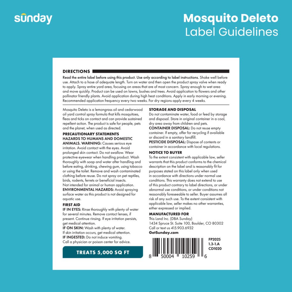 Sunday Mosquito Deleto Plant-Based Bug Control Spray & Repellent, 32Oz