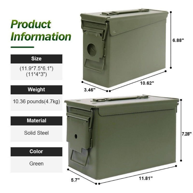 2Pcs Waterproof Ammo Box 30 and 50 Cal Ammo Case Can Box Metal Steel Military Storage 