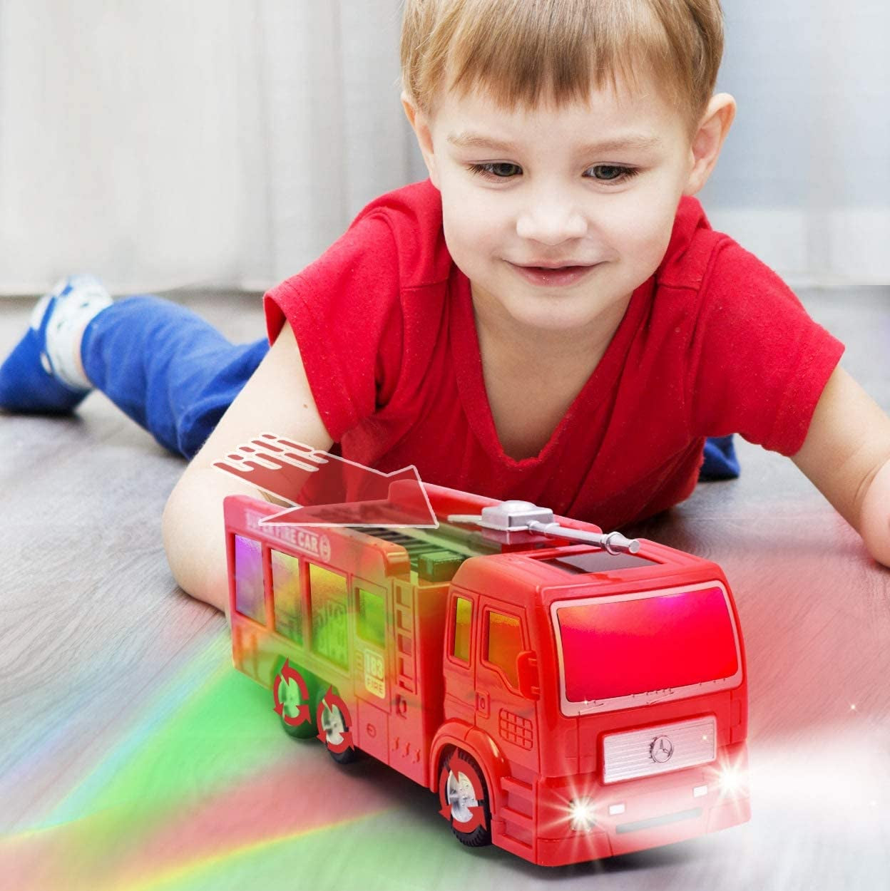 Wolvol Electric Fire Truck Toy with Stunning 3D Lights and Sirens, Goes around and Changes Directions on Contact - Great Gift Toys for Kids