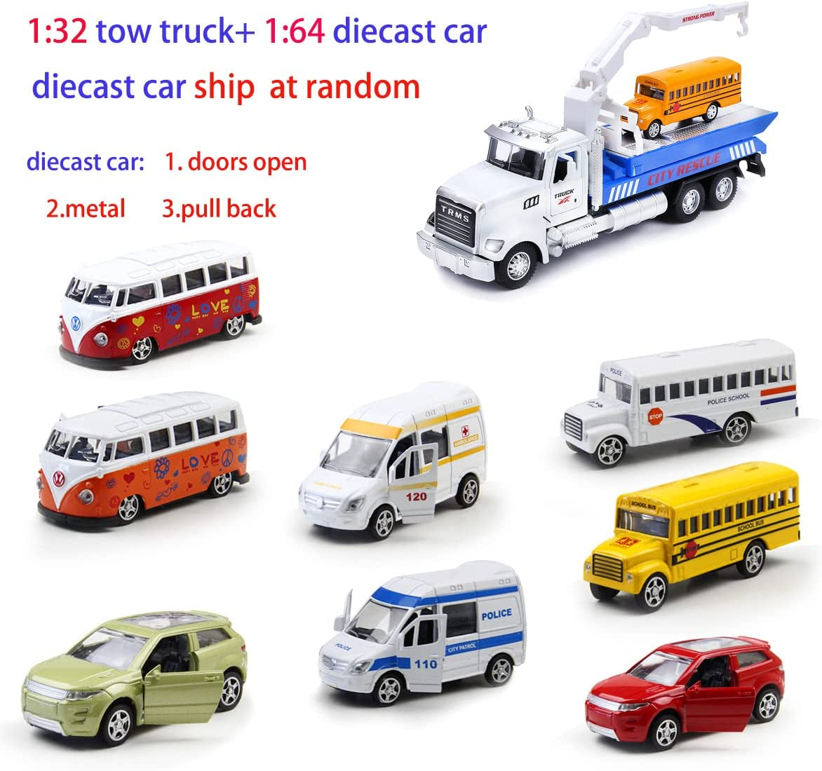 Metal Tow Trcuks Toy Trucks with Hook and Car for Boys Pull Back Trcuk Toys Wiht Light and Sound for Kids (1:32 Metal Tow Truck)