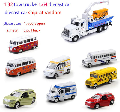 Metal Tow Trcuks Toy Trucks with Hook and Car for Boys Pull Back Trcuk Toys Wiht Light and Sound for Kids (1:32 Metal Tow Truck)