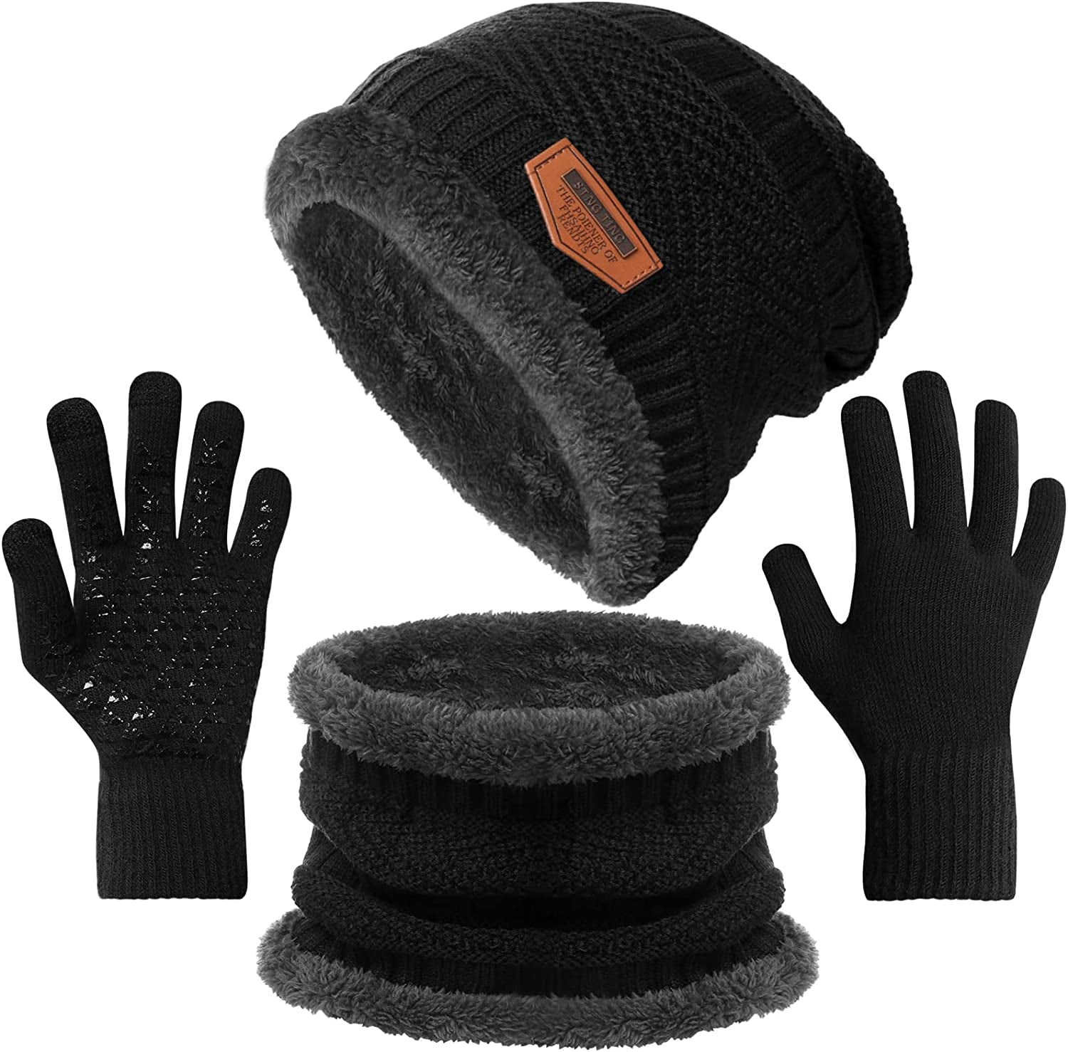 Winter Knit Beanie Hat Neck Warmer Gloves Set Warm Fleece Lined Skull Cap Infinity Scarf Touchscreen Gloves for Men & Women