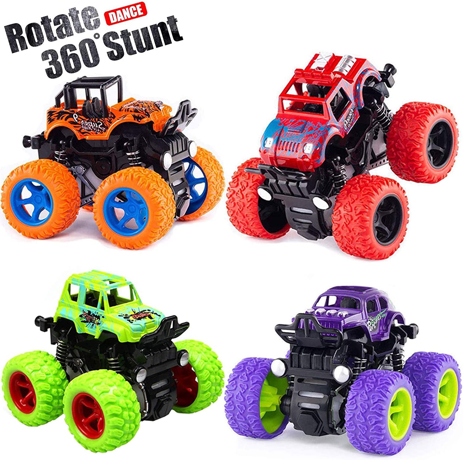 Monster Truck Toy Cars for Boys, 4 Pack Push Cars for Toddlers, 360 Degree Rotation Durable Friction Powered Car Toys for Christmas Kids Birthday Party, Gift for 3 4 5 6 7 8 Year Old Boys Girls