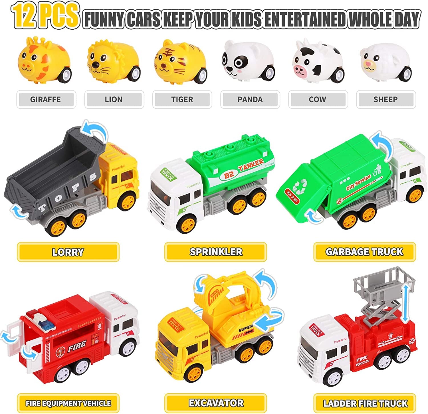 Toy Trucks with Play Mat for Boys, Construction Vehicle and Mini Animal Cars with Road Signs, Crane, Playmat and Storage Box for Kids Toddlers Age 3 4 5 6 7 Year Christmas Birthday Gift