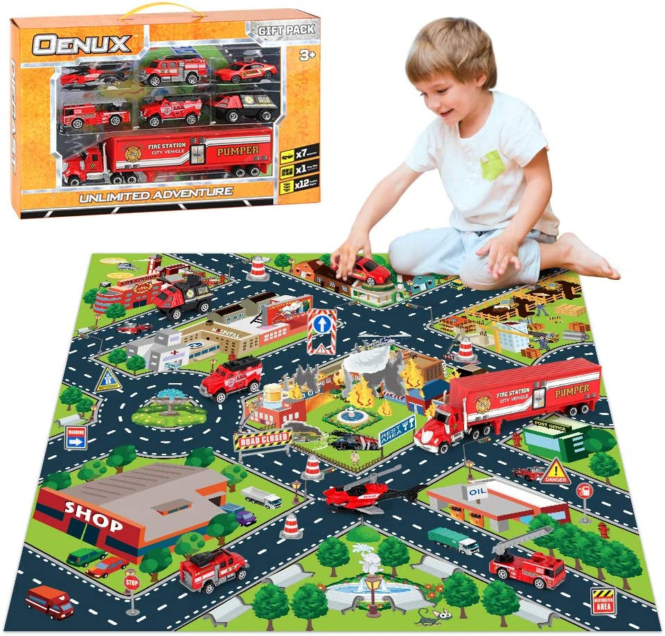 Construction Toys Trucks & Play Mat, Carrier Truck with Diecast Alloy Excavator,Tractor,Dump Truck,Road Roller,Bulldozer,Forklift,Engineering Toy Vehicles with Road Signs for Kids Boys Girls