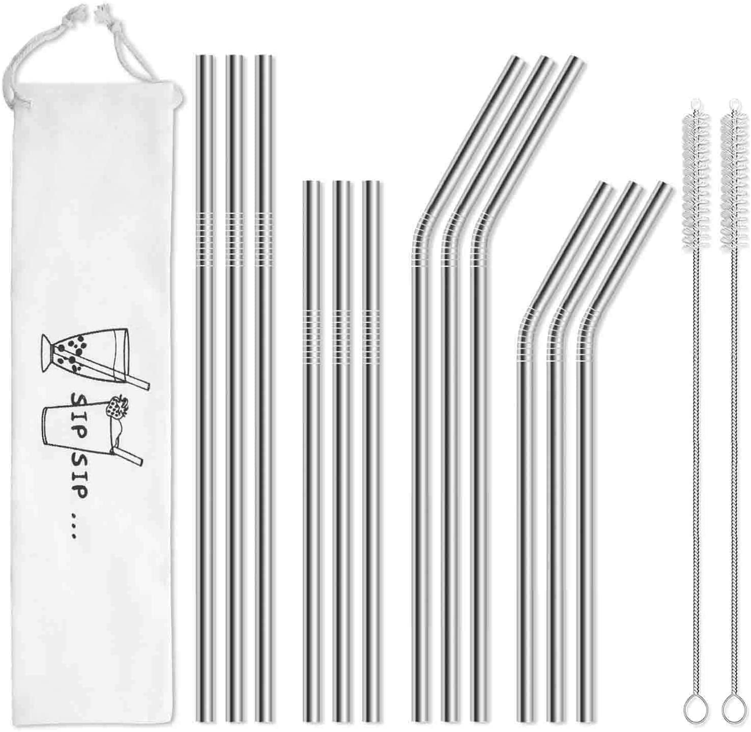 12-Pack Reusable Stainless Steel Metal Straws with Case - Long Drinking Straws for 30 oz and 20 oz Tumblers Yeti Dishwasher Safe - 2 Cleaning Brushes Included