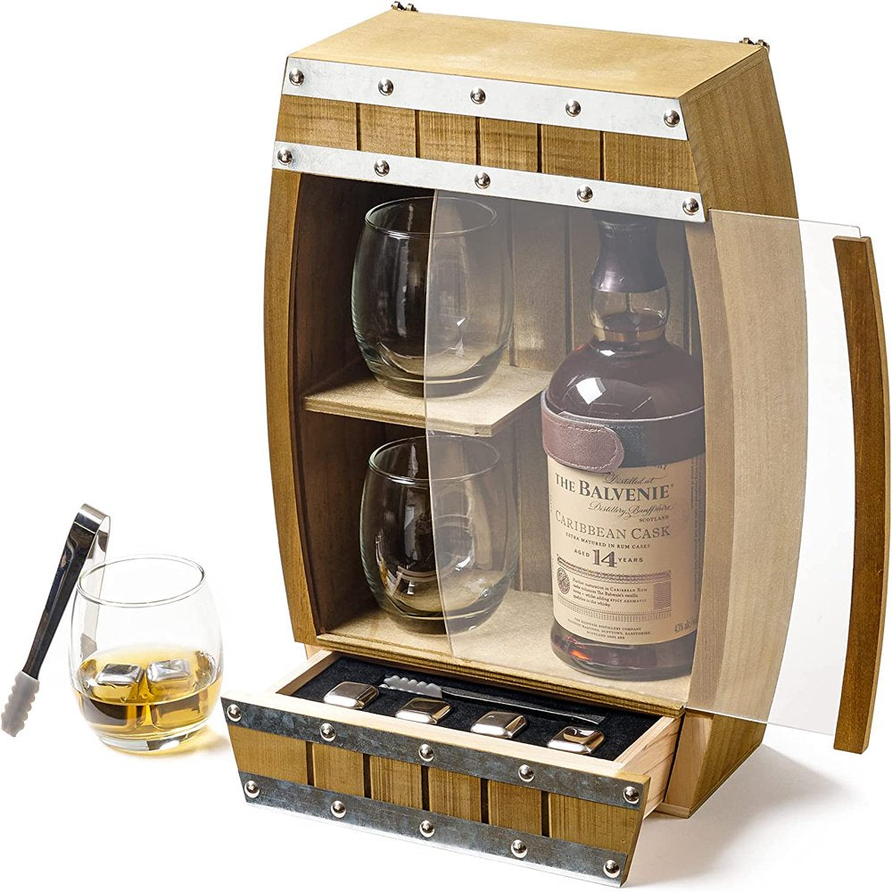 Whiskey Stone Set, Stainless Steel Cubes, Wooden Barrel Box, Reusable Stones, Scotch, Wine