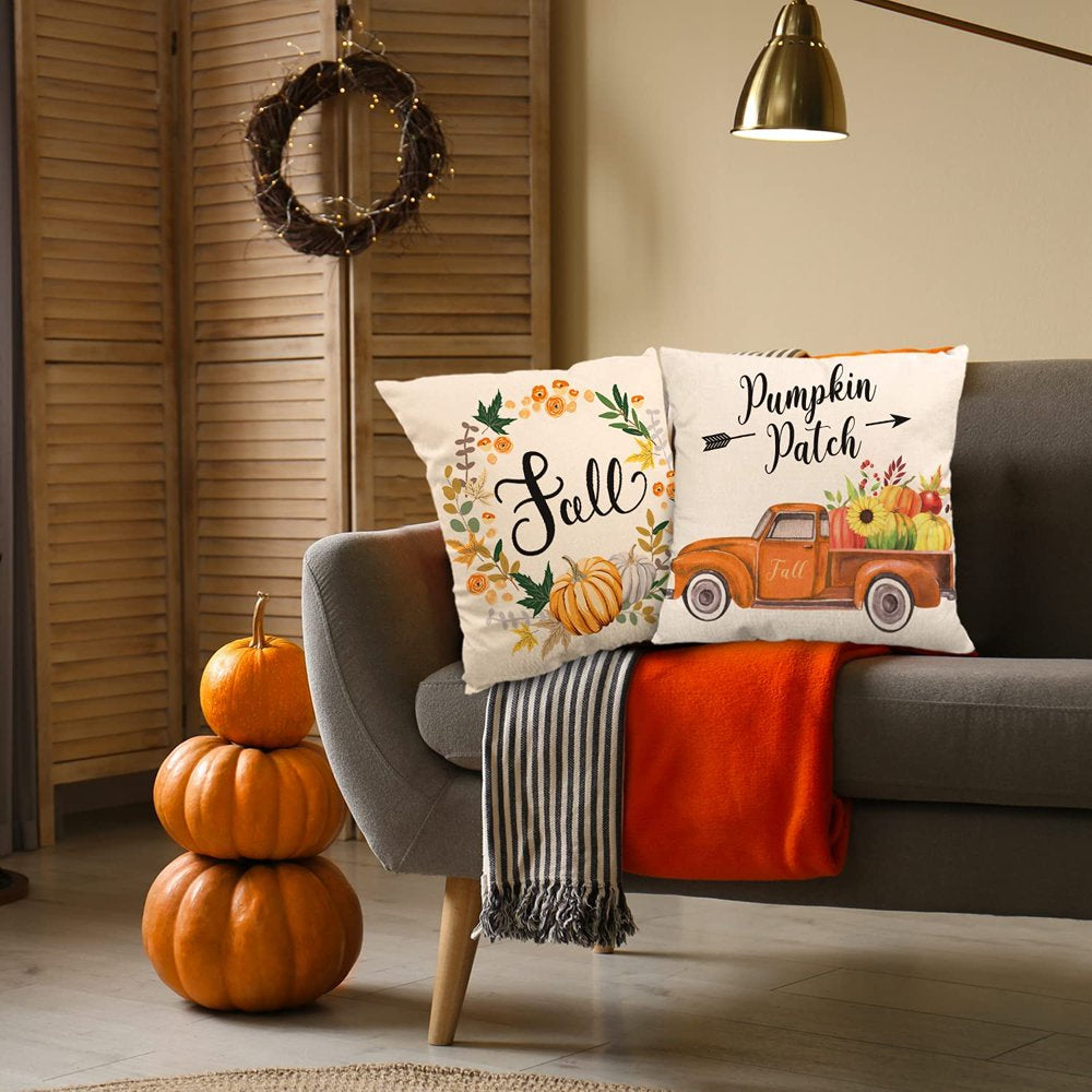 Fall Pillow Covers 18×18 Inch Set of 4 Autumn Pumpkin Pillow Covers Holiday Rustic Linen Pillow Case for Sofa Couch Farmhouse Thanksgiving Fall Decorations Throw Pillow Covers