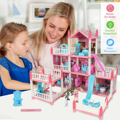 DIY Dollhouses Set with 7 Rooms 1 Terraces, 23Pcs Pretend Play House Accessories for Kids Gift Ages 4-8