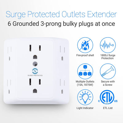 Multi Plug 6 Outlet Extender, 2 Pack Surge Protector Wall Splitter, 1800J Power Strip 3 Side Wide Spaced Adapter Multiple Charger Expander, Mountable Wall Tap for Office Home Travel ETL Listed