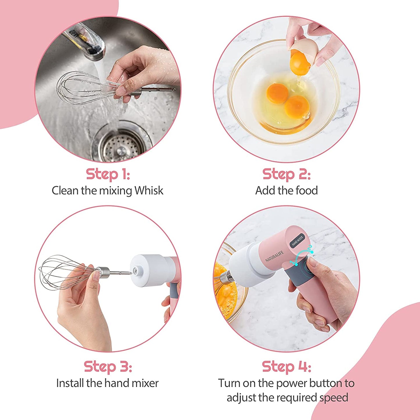Electric Whisk, Small Hand Mixer Kitchen Egg Beater Stirrer with 2 Speeds 2 Whisks USB Rechargeable, Pink