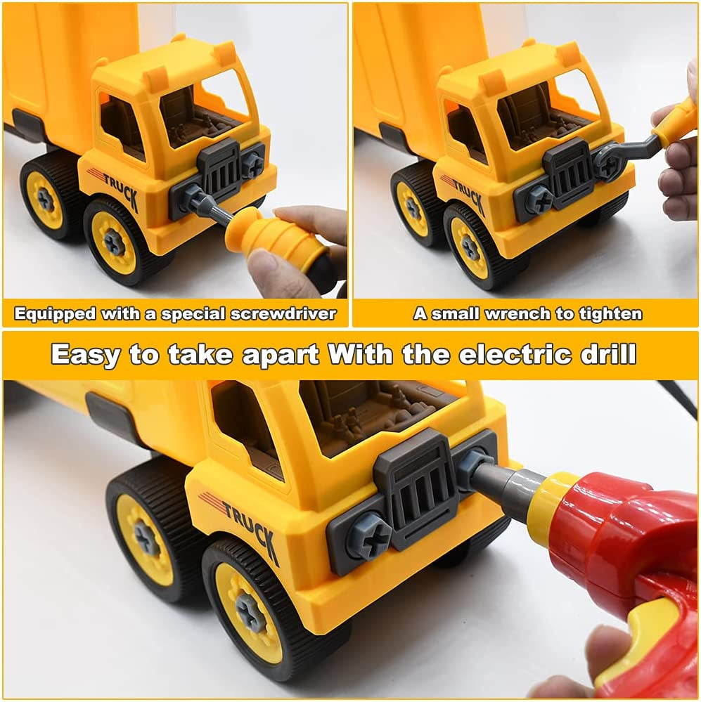 3 Pack Take Apart Toys Truck Set with Electric Drill, Construction Truck Vehicle Toys, Large Truck Box for Display and Storage, Best Educational Toy Gift for Kids Boy 3 Years Old and Up