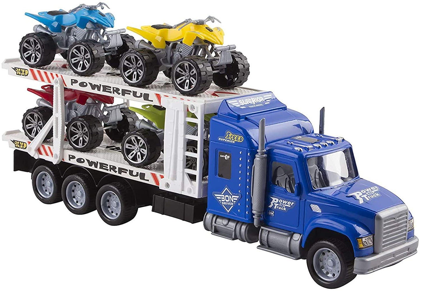 Semi Truck Trailer 15" Includes 4 Atvs Friction Carrier Hauler Kids Push and Go Big Rig Auto Transporter Vehicle Semi-Truck Car Pretend Play for Children Boys Girls Toddlers