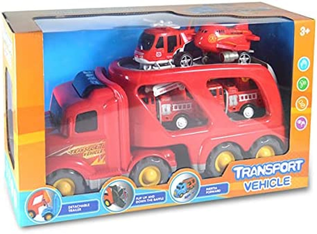 KIDS REPUBLIC Fire Carrier Truck Transport Car Play Vehicles - 5 in 1 Friction Power Toys for 4 5 6 7 Year Old Boys, Push and Go Vehicles