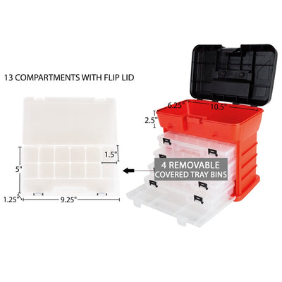 Portable Tool Storage Box - Small Parts Organizer with 4 Trays