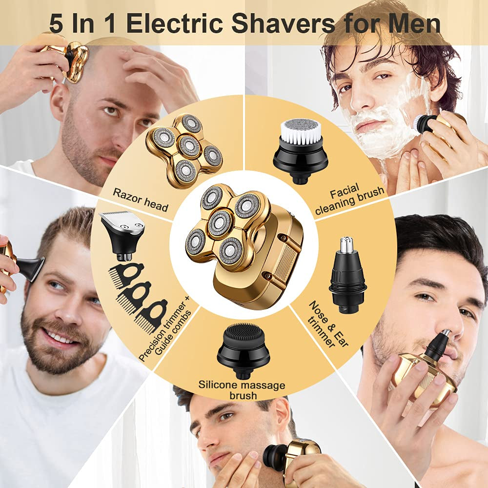 Bald Head Shaver for Men, 5 in 1 Electric Razors for Men, Electric Head Razor Shaver for Men Bald Head, Grooming Head Shaver, Gold Shaver