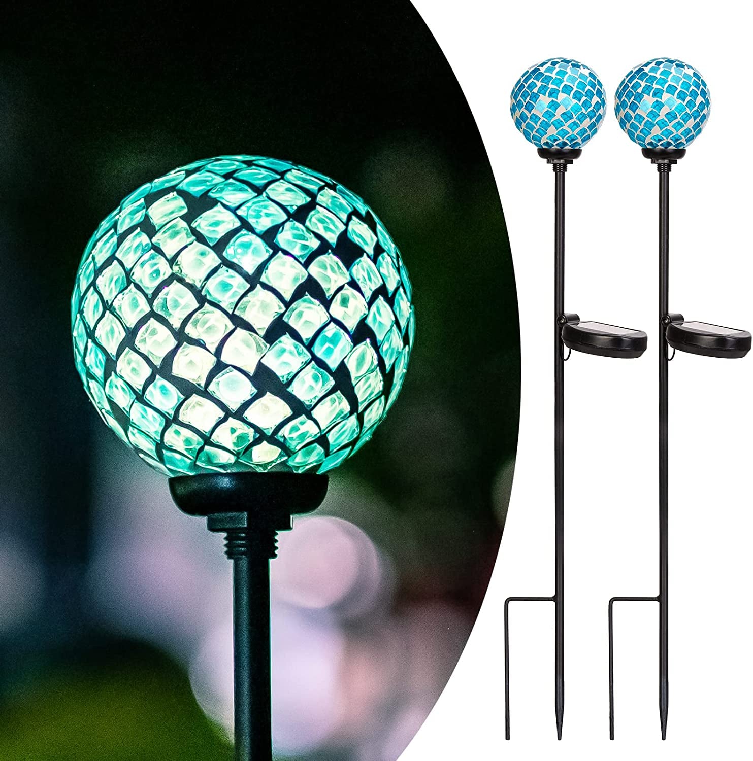 Solar Lights Outdoor Garden Decor - Mosaic Decorative Stakes Solar Powered Gazing Ball Light Landscape Solar Globe Lights for Yard Path Decoration