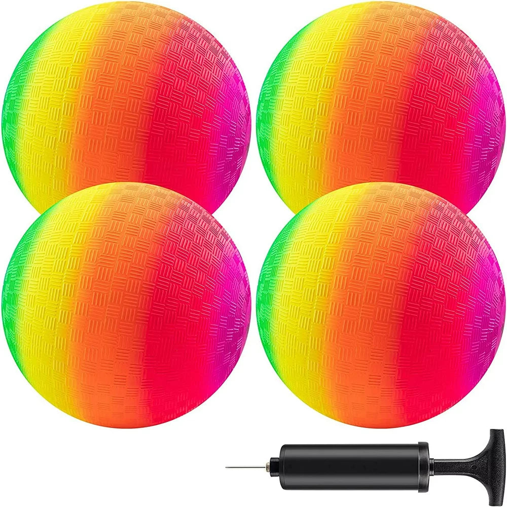  Playground Balls Kickballs 8.5 Inch, Rainbow Playground Ball Set for Kids and Adults, Dodgeball Kick Balls Handball for Indoor & Outdoor Schoolyard Games with Hand Pump(4 Pack)