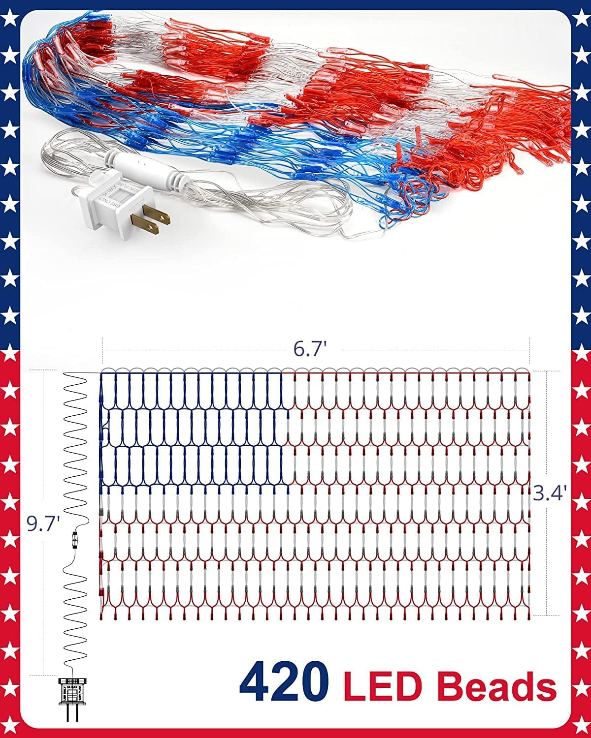  LED American Flag Lights for Outdoors,Waterproof 420 LED USA Flag Net Light for Christmas, Fourth of July, Memorial Day, Independence Day, Veterans Day