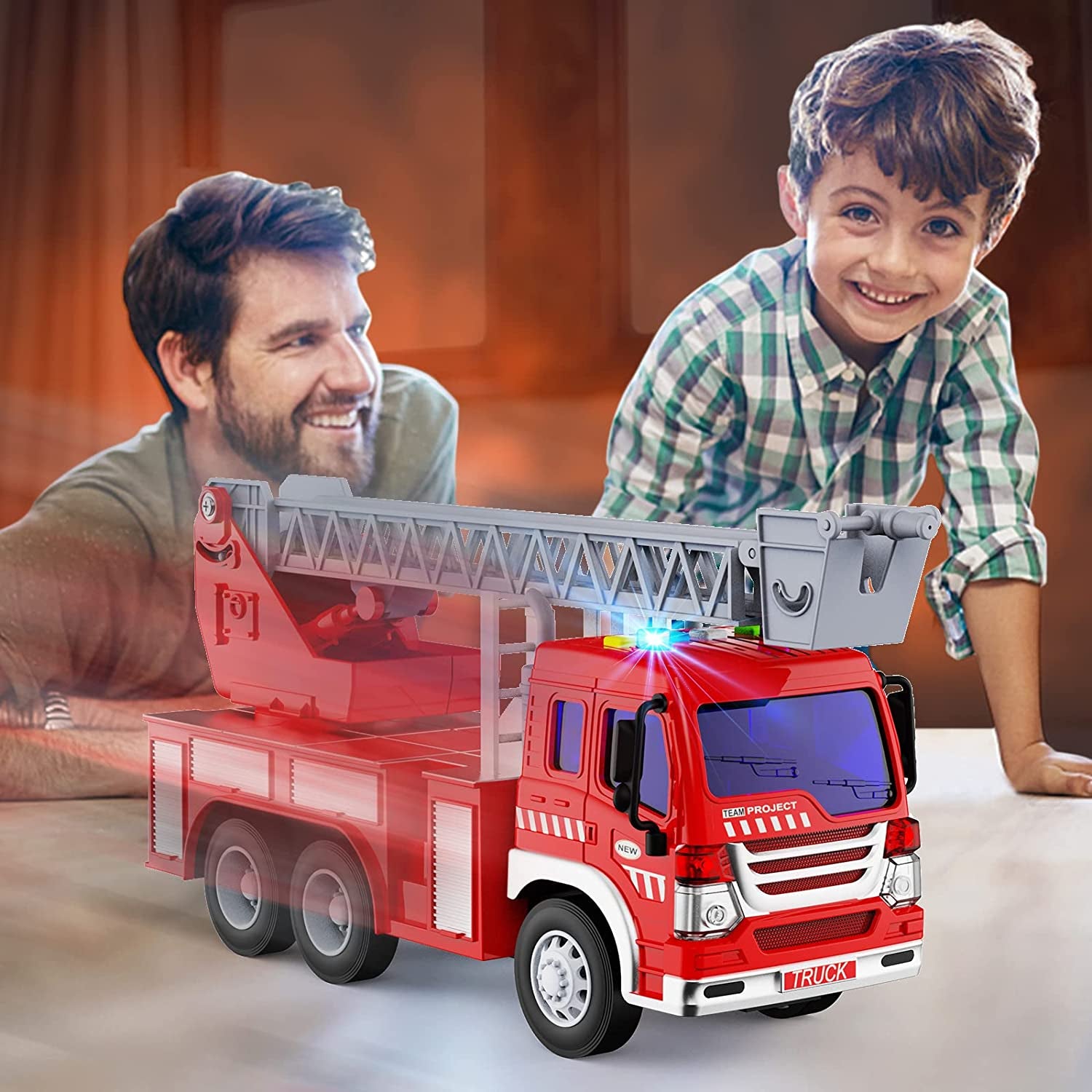 Fire Truck Toy, TOYABI Fire Truck Toys for 3 Year Old Boys, Toy Fire Truck for inside Play with Lights, Sirens Sounds and Extendable Resce Rotating Ladder, 12-Inch Fire Truck Best Gifts Toys for Boys