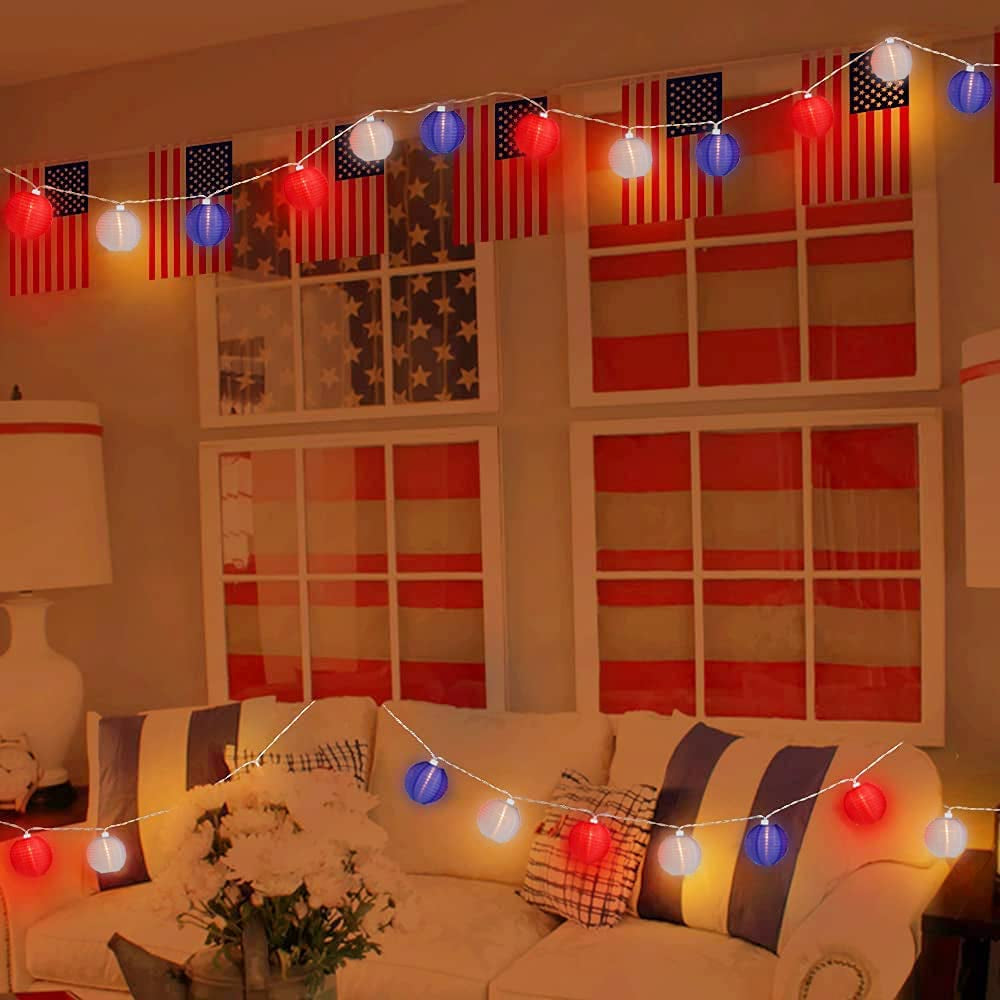 8.5Ft Red White Blue Lantern String Lights, 4th of July Decor Lights with 10 Red White Blue Lanterns Connectable Patriotic Outdoor Lanterns Lights for Independence Day President Memorial Day