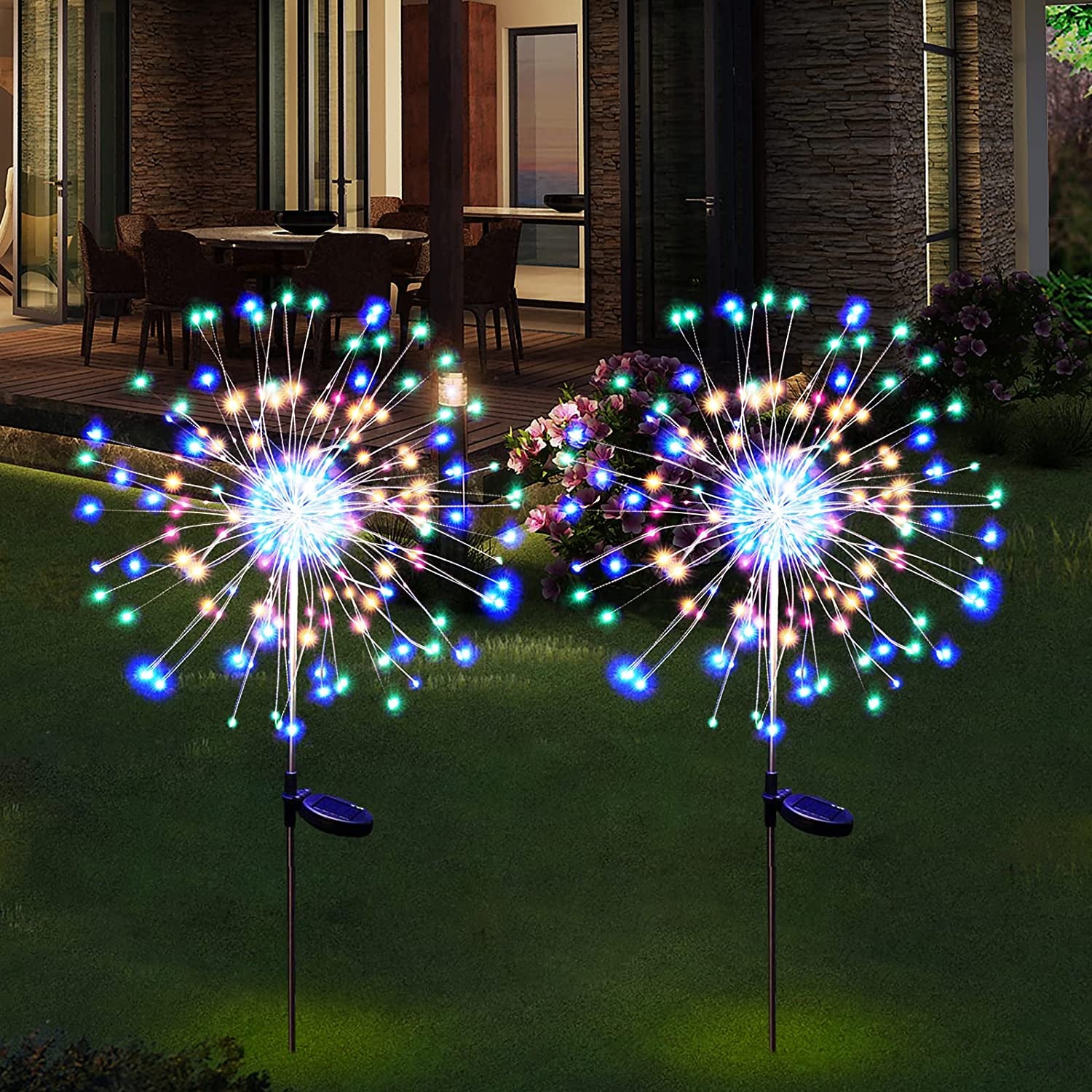 Solar Garden Firework Lights Outdoor Waterproof 2 Pack Solar Powered Art Stake Twinkle Lighting for Outside Decor, 120 LED Sparklers String Lights for Yard Pathway Patio Party Decorations (Warm)