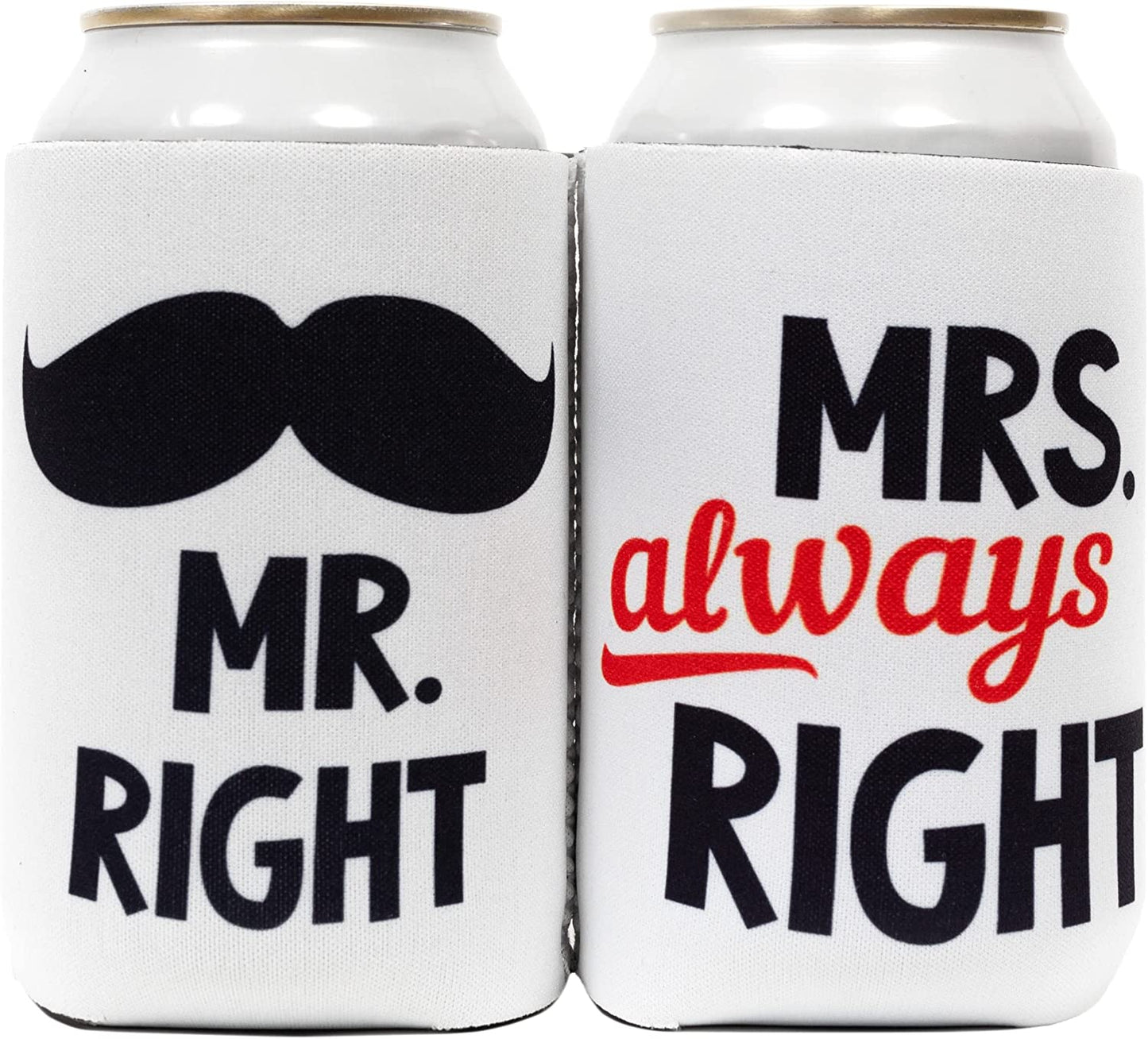 Mr & Mrs Can Cooler Sleeves - Set of 2 Neoprene Covers for Beer, Soda and More Universal Sleeve Design Holds Bottle and Cans - His and Hers Wedding Gift for Couples