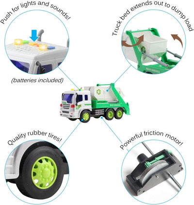 Vokodo Friction Powered Garbage Truck with Lights and Sounds Lift up Body 1:16 Scale Durable Kids Dump Sanitation Push and Go Toy Car Pretend Play Transport Vehicle Great Gift for Children Boys Girls