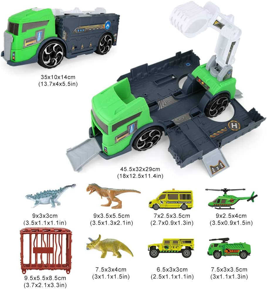 Transporter Dinosaur Carrier Truck-7 Dinosaurs and 6 Vehicles Dino Play Toy for Kids 3 4 5 Year Old, Dinosaur Capture Car with Manipulator, Helicopter, Cage, Gift for Boys Toddlers