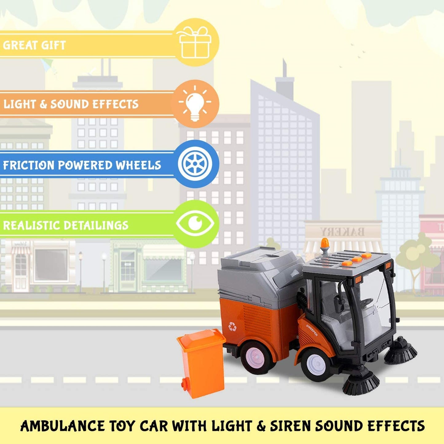 Street Sweeper Truck with Light & Sound Effects - Friction Powered Wheels, Removable Garbage Can & Rotating Brushes - Heavy Duty Plastic Cleaning Vehicle Toy for Kids & Children by Toy to Enjoy