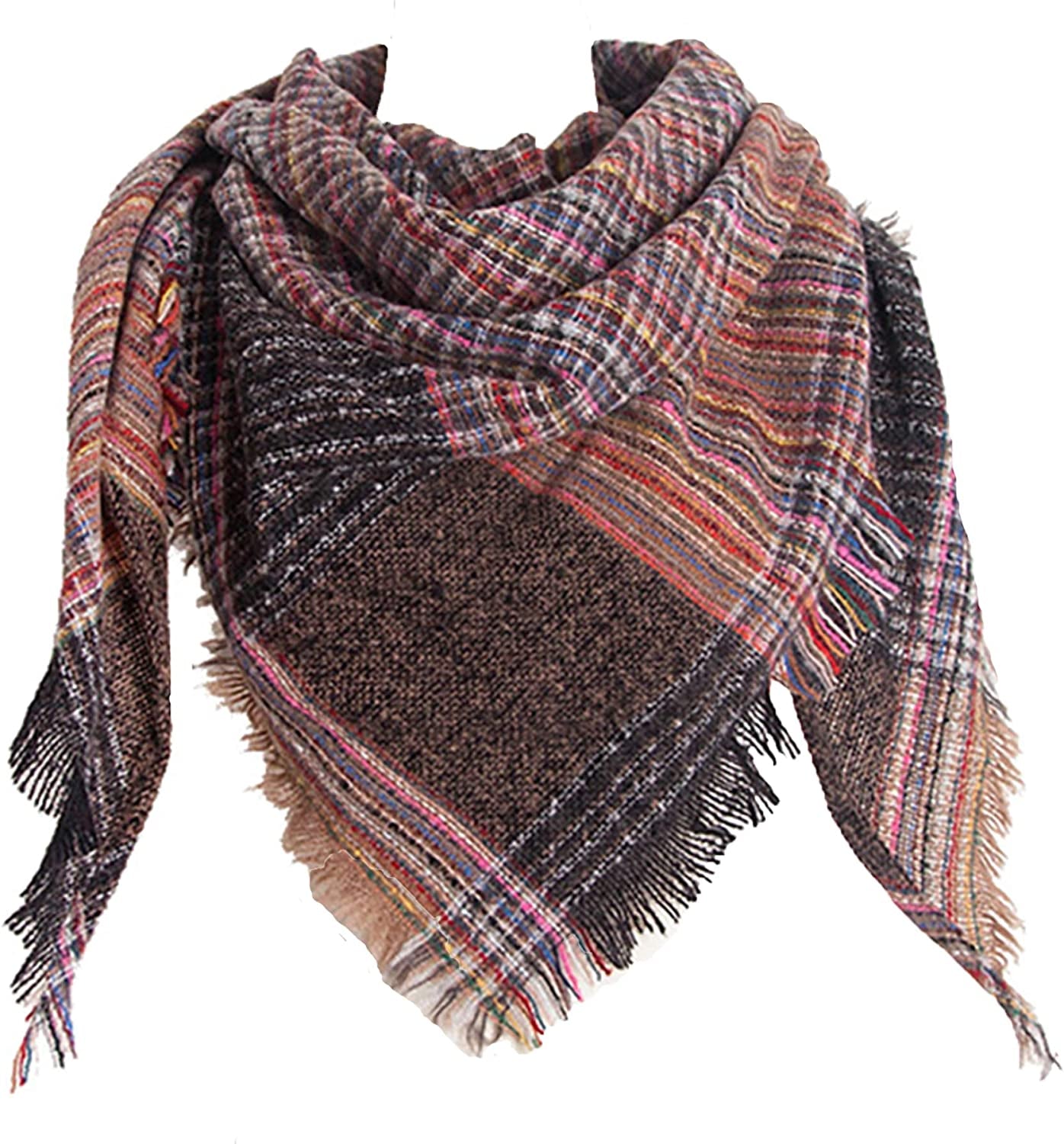 Womens Warm Scarf Triangle Shawls Winter Scarves Stripe Plaid Fichu Rough Surface