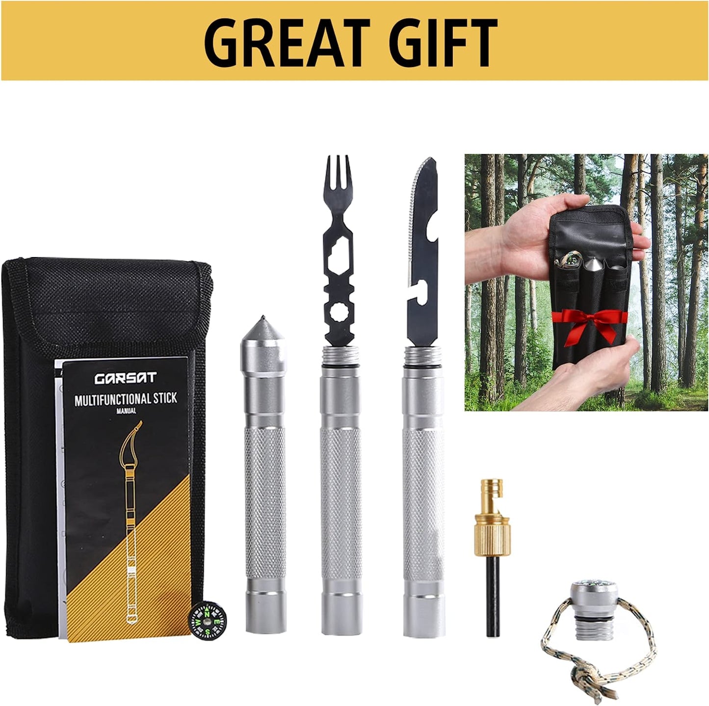 6 Tactical Multi Tools in One Tactical Survival Hiking Stick for Camping Gear and Walking, Multitool with Knife, Fork, Emergency Car Glass Breaker, Whistle, Compass Outdoor Tactical Tools