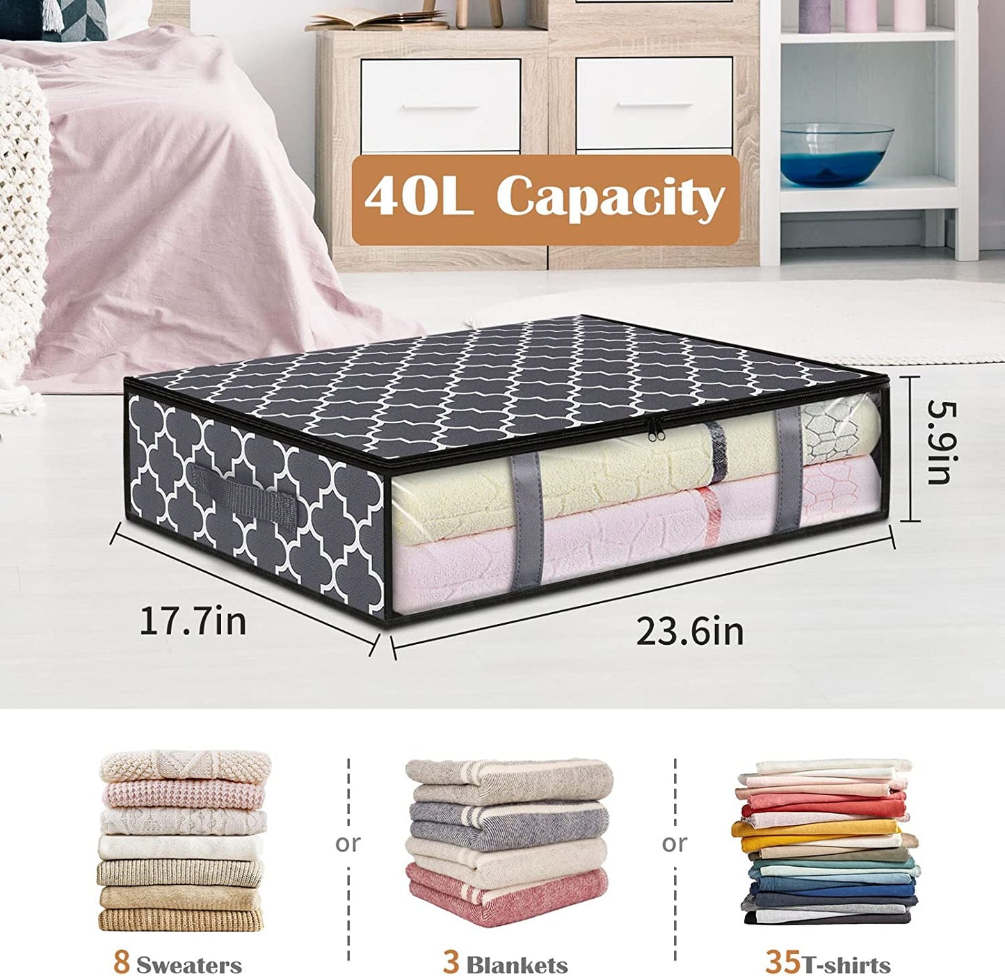 Storage Bins, under Bed Storage Containers, Foldable Clothes Storage Box, Storage Organizer, with Handles, for Comforter, Blanket, Clothing, Sweaters, Pillows, Toys