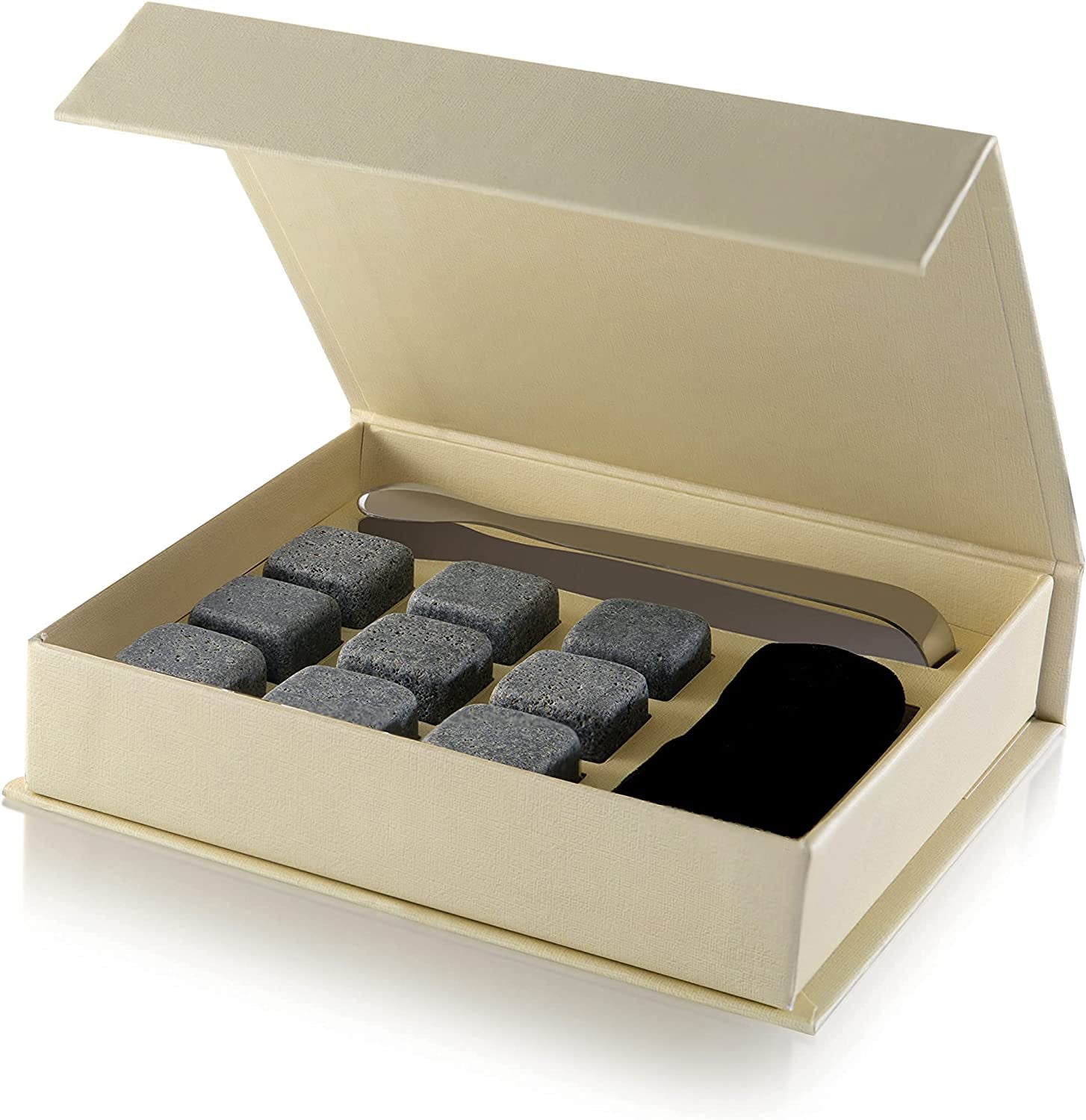 Set of 9 Grey Beverage Chilling Stones [Chill Rocks] Whiskey Stones for Whiskey and Other Beverages - in Gift Box with Velvet Carrying Pouch - Made of 100% Pure Soapstone - by Quiseen