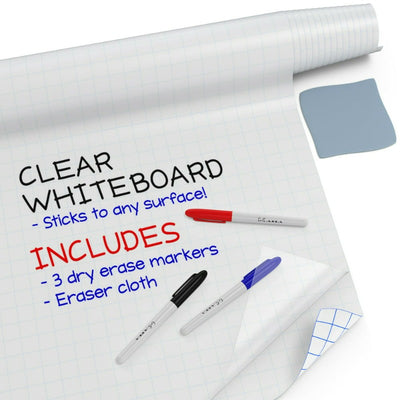 Kassa Clear Dry Erase Board Sticker - 1.4 X 6.5 Ft - Bonus: 3 Dry-Erase Markers Included - Transparent Adhesive White Board Film for Refrigerator, Desk, Office - Glass Dry Erase Board Alternative