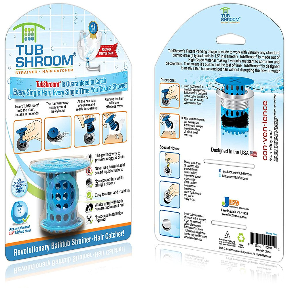 Tubshroom Revolutionary Hair Catcher Drain Protector for Tub Drains (No More Clogs) Blue