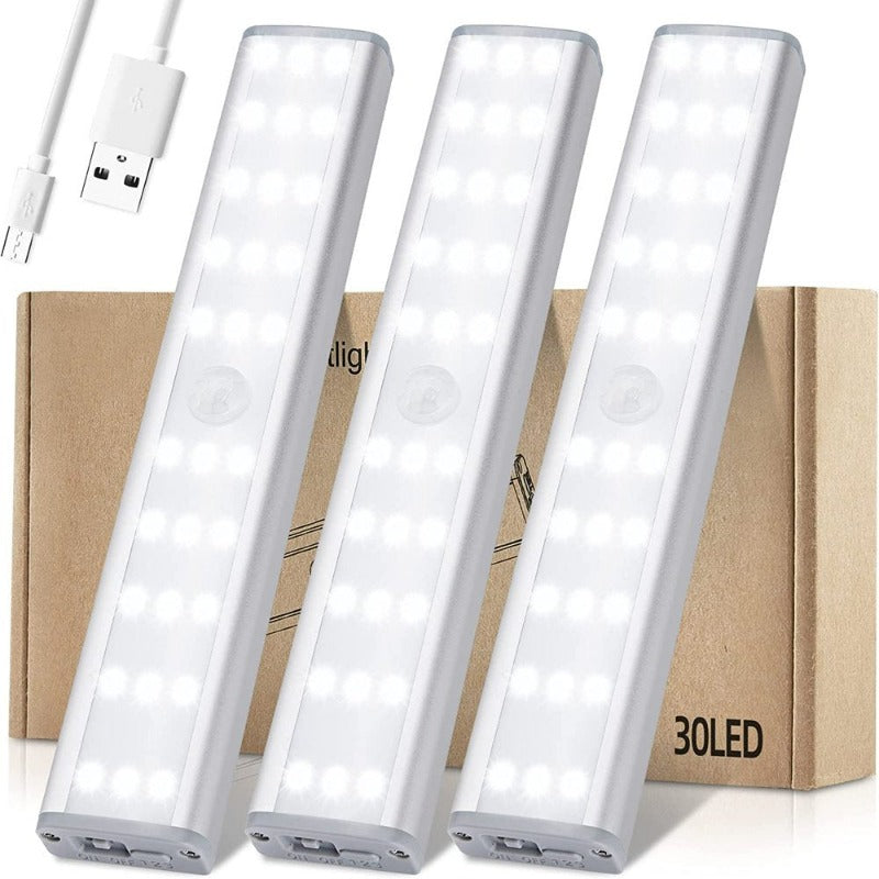 3 Pack 30 LED under Cabinet Lights, USB Rechargeable Closet Lighting Kit with Motion Sensor and Magnetic Strip for Wardrobe, Kitchen Wireless Lighting