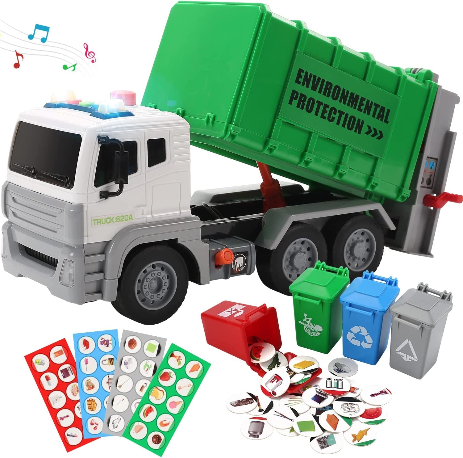 12" Garbage Truck Toys Trash Truck Recycle Truck with Sound and Light, Friction Powered Truck with 4 Garbage Cans, Push and Go Pull Back Car, Environmental Education Toys, Birthday Gift for Boys