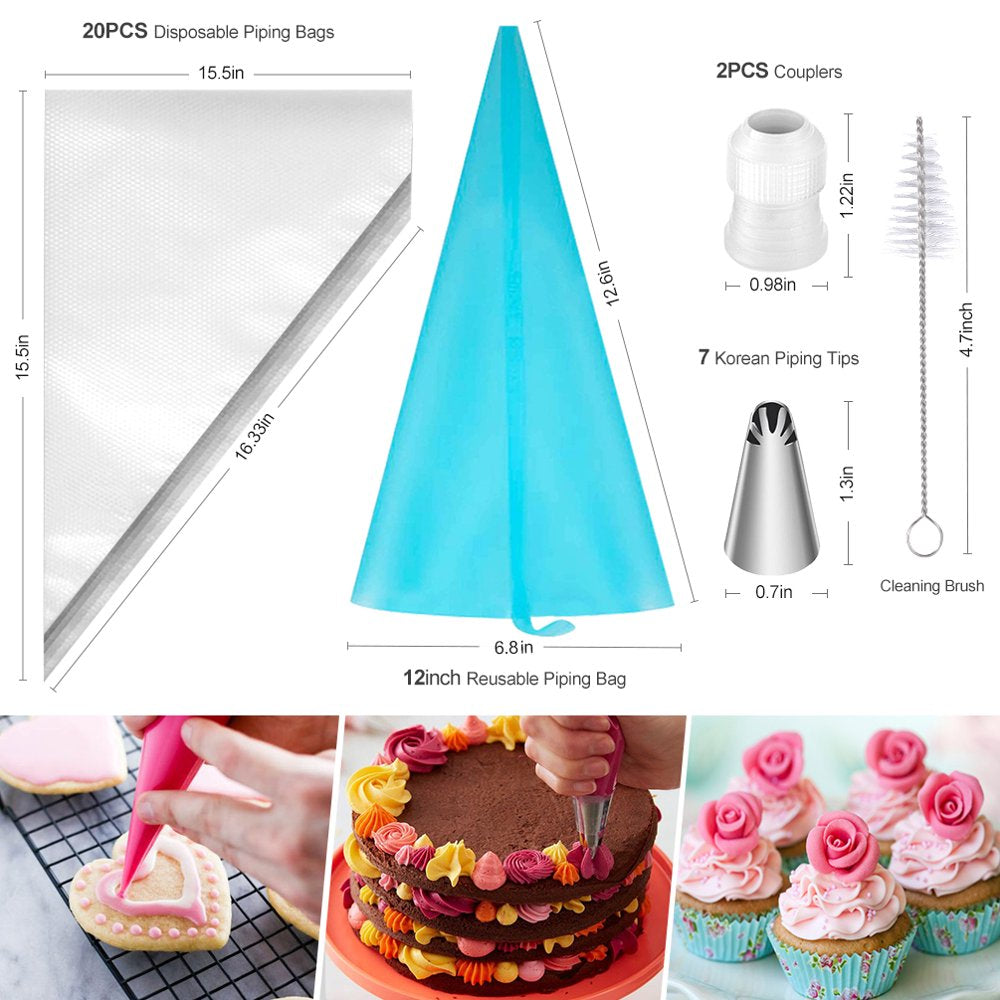  68 Pcs Cake Decorating Kit with 32 Numbered Icing Tips | 7 Korean Piping Tips | 21 Pastry Bags | 3 Cream Scrapers Baking Tools for Cake Lovers