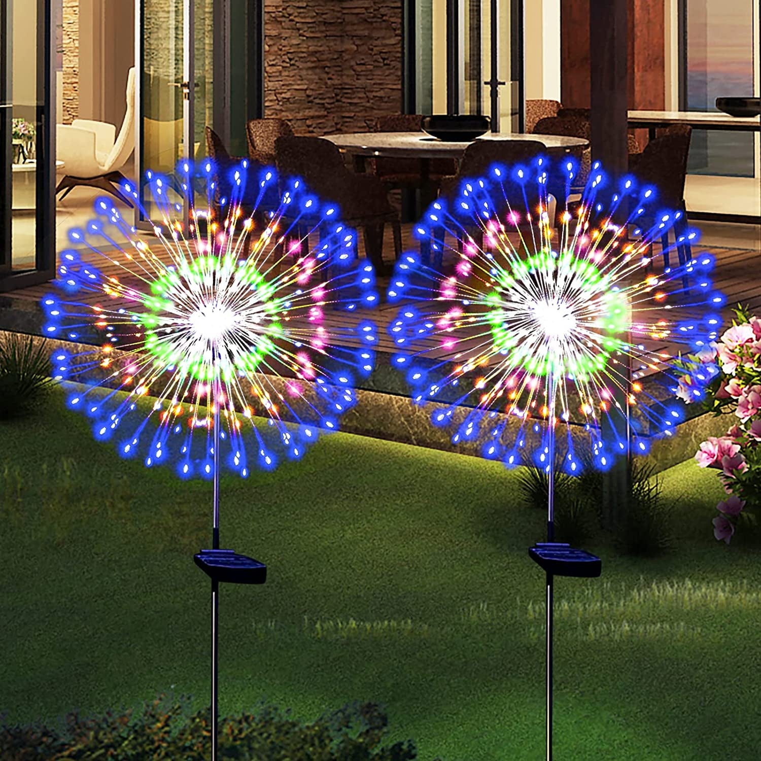 Solar Garden Firework Lights Outdoor Waterproof 2 Pack Solar Powered Art Stake Twinkle Lighting for Outside Decor, 120 LED Sparklers String Lights for Yard Pathway Patio Party Decorations (Warm)