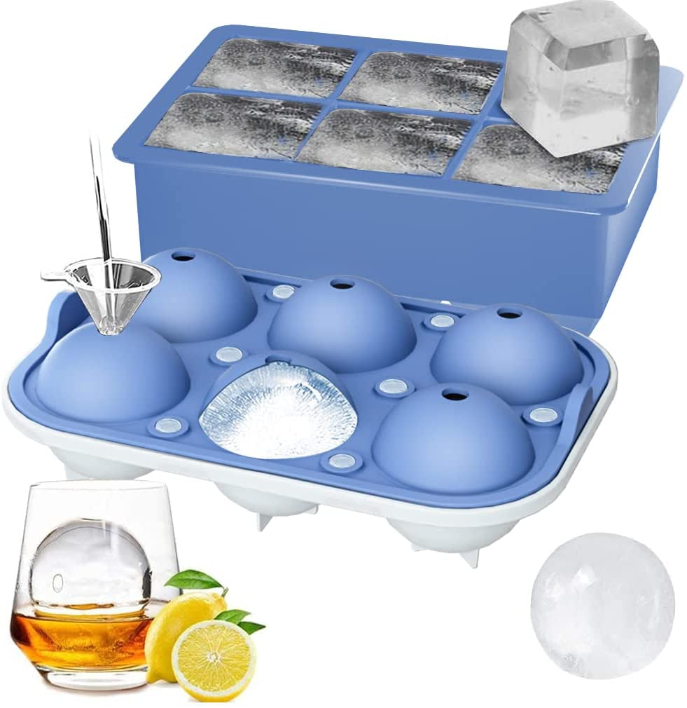  (Set of 2), Sphere Ice Ball Maker with Lid & Large Square Ice Cube Maker