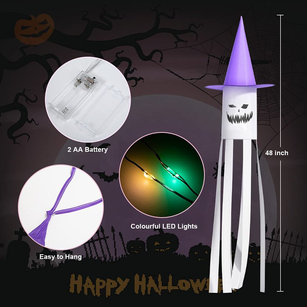 Halloween Ghost Windsock Flag with LED Lights, 2 PCS 48" Hanging Glowing Witch Hat Windsock Flag Spooky Wind Socks for Trees Yard Outdoor Front Door Decor Porch Lawn Garden Outside