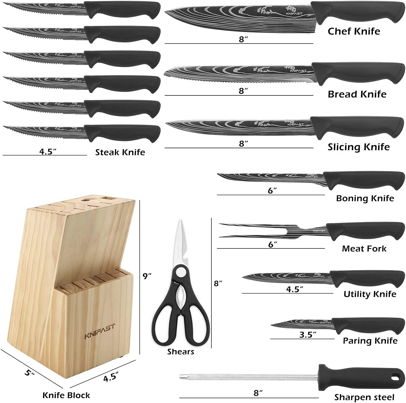 Kitchen Block Knife Set 16 Pieces with Boning Knife and Carving Fork, Manual Sharpening for Chef Knife Set Ultra Sharp