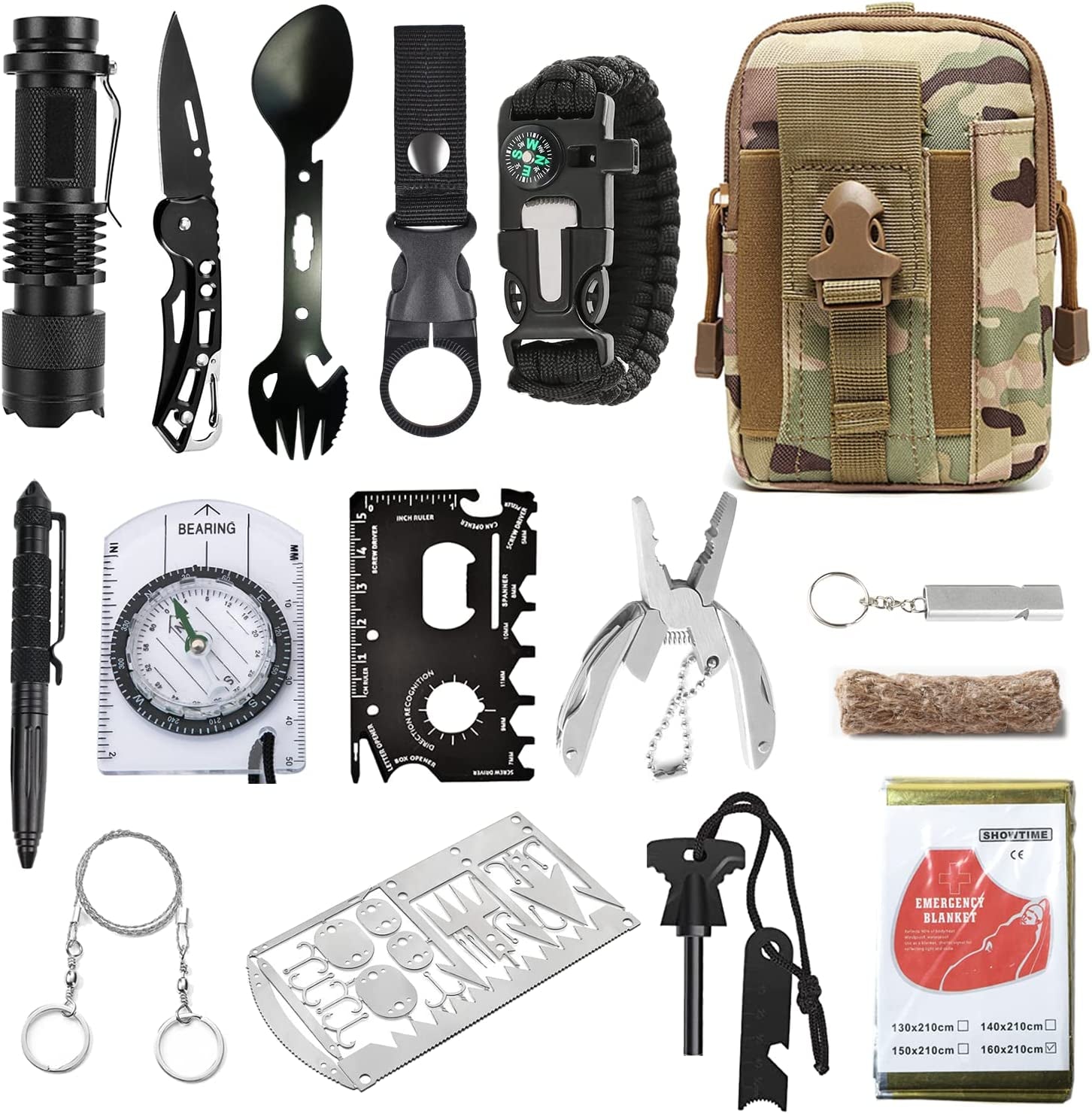 Survival Kit,17 in 1 Survival Gear and Equipment, Factical Fanny Pack, First Aid Kit with Emergency Knife Blanket Flashlight Compass Multispork Whistle Fishcard