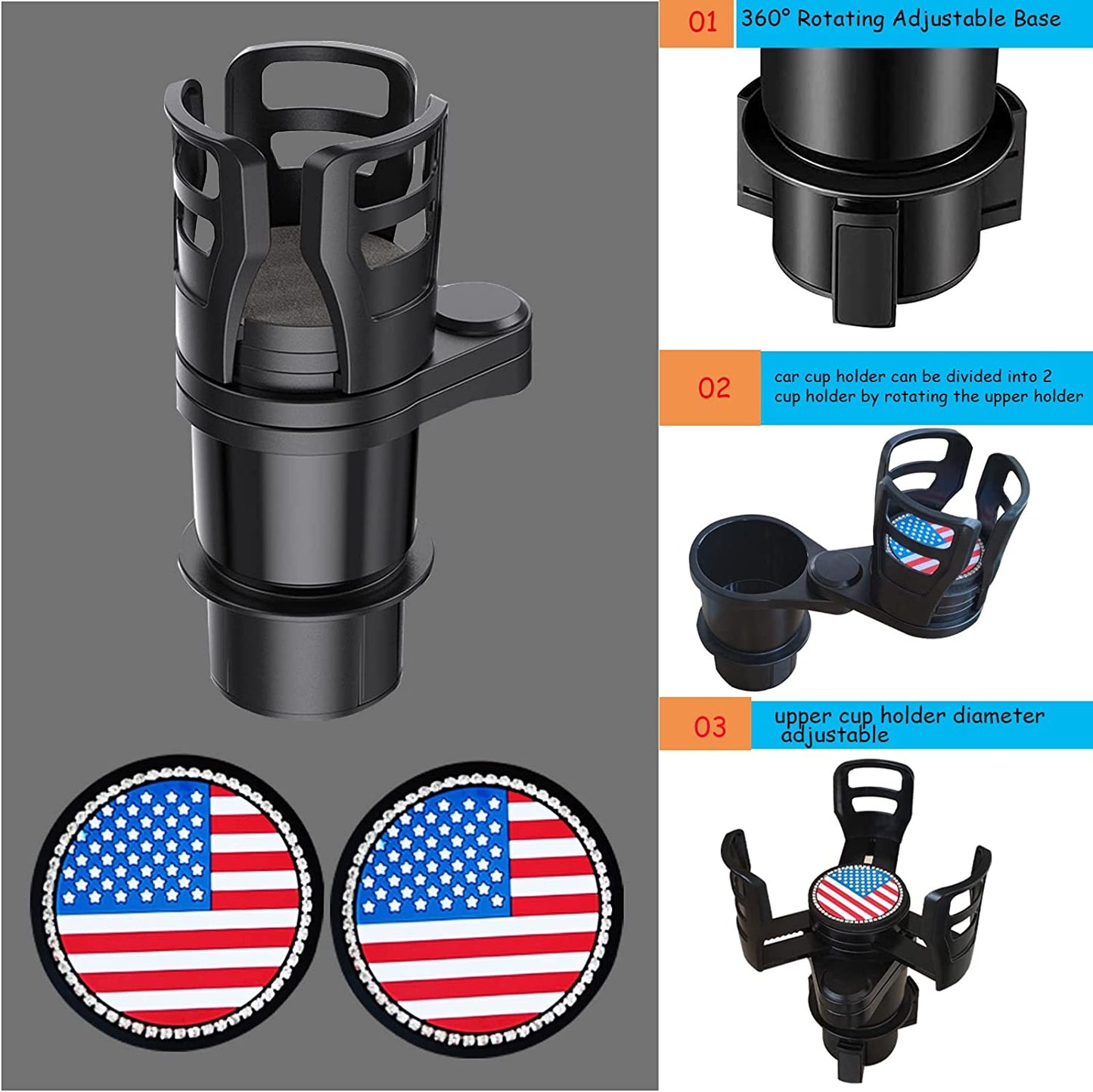 Car Cup Holder Expander, 2 in 1 Multifunctional Vehicle Mounted Cup Holder Extender with Adjustable Base, 360°Rotating Dual Cup Holder Adapter Universal Insert Car Cup Holders with Free Coasters